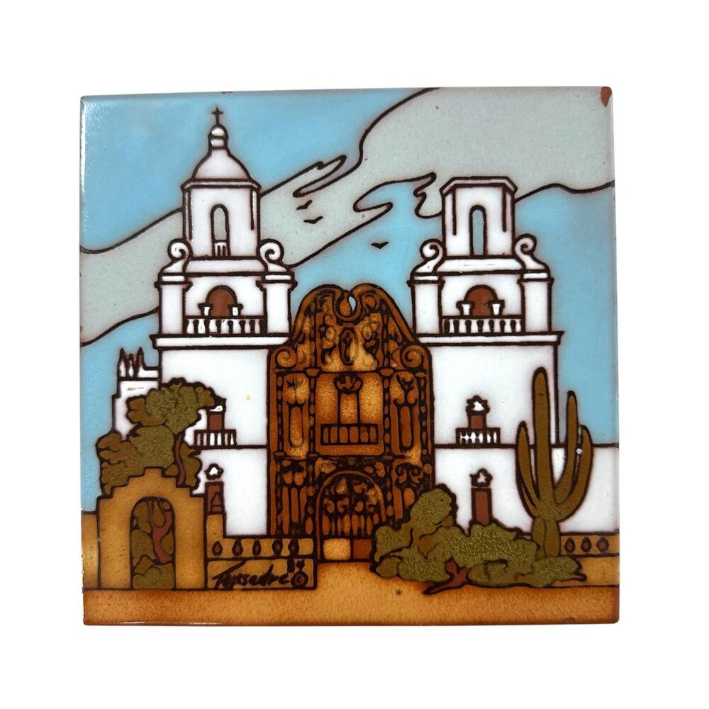 Teissedre Designs San Xavier Mission Tucson Arizona 6” Ceramic Art Tile Trivet - Picture 3 of 7